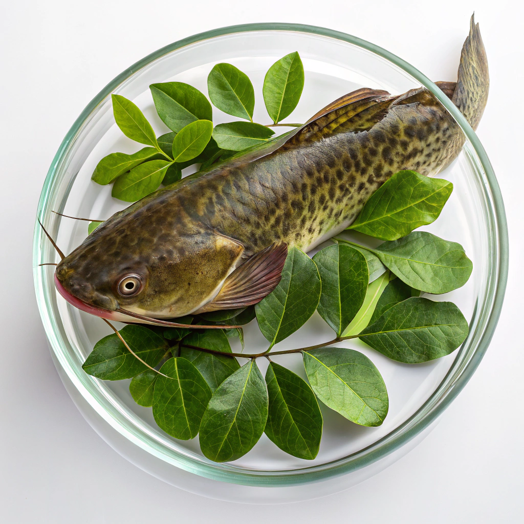 AI generated image by Red Panda AI: arfican catfish with kaffir lime leaves