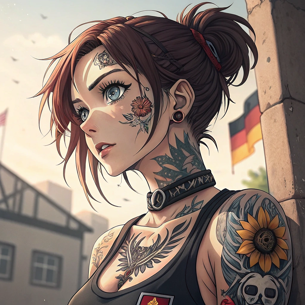 AI generated image by Red Panda AI: personaje anime de una chica alemana con tatuajes en el cuello brazos y muslos además de las cejas y labio perforado 