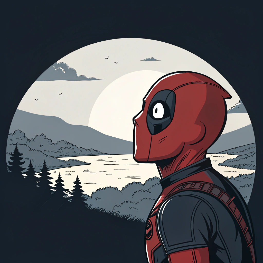 AI generated image by Red Panda AI: genera una imagen con el fondo oscuro y en el centro deadpool mirando un paisaje hacia la derecha estilo cartoon minimalista, que deadpool salga desde la cabeza hasta la cintura y que este sorprendido mirando el paisaje