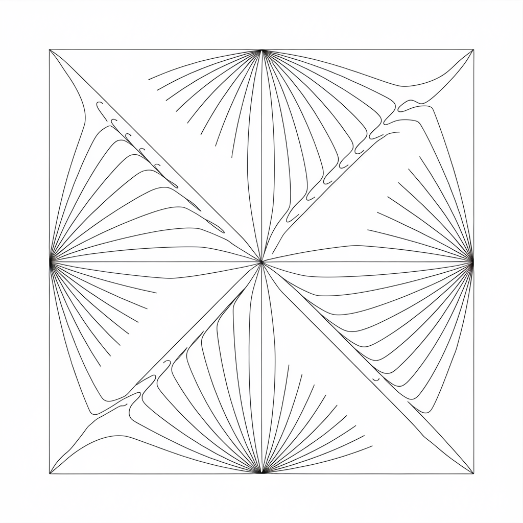 AI generated image by ideogram 2.0: В квадратном рабочем поле 100 на 100 мм создать графическую декоративную композицию, подчёркивающую структуру квадрата. В качестве элементов композиции использовать кривые линии произвольной толщины. Возможна заливка и декоративная проработка отдельных областей и фигур, получаемых при пересечении линий. Все линии должны сходиться к одному центру в композиции Нужна заливка как написано выше 

Техника: чёрно-белая графика