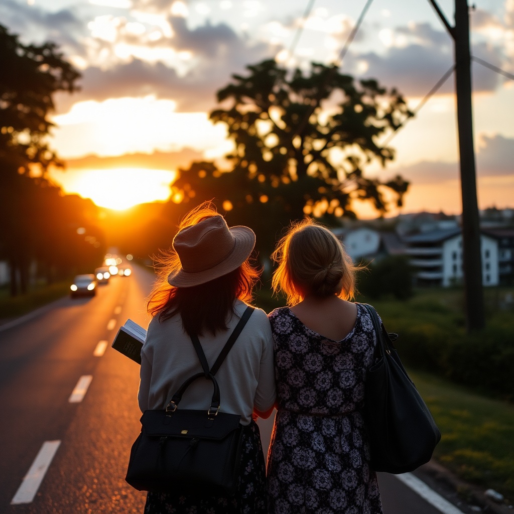 AI generated image by FLUX.1-schnell: Duas mulheres de vistido longe com um livro no braço andando ao longe em uma estrada na cidade em um por do sol. vista de tras