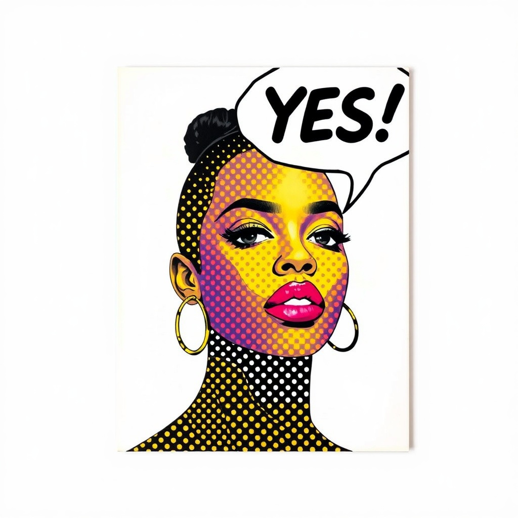 AI generated image by FLUX.1-schnell: Dot painting of Zendaya with a voice bubble saying "YES" in the style of Lichtenstein