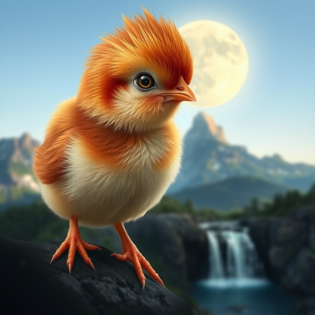AI generated image by FLUX.1-schnell: una chica de cabello rubio y ojos marrones,en las orejas lleva pendientes,de fondo una montaña con una cascada de agua y luna llena de fondo,
