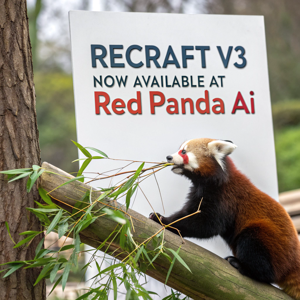 AI generated image by Red Panda AI: a red panda eating a bamboo in front of a poster that says "recraft V3 now available at red panda ai