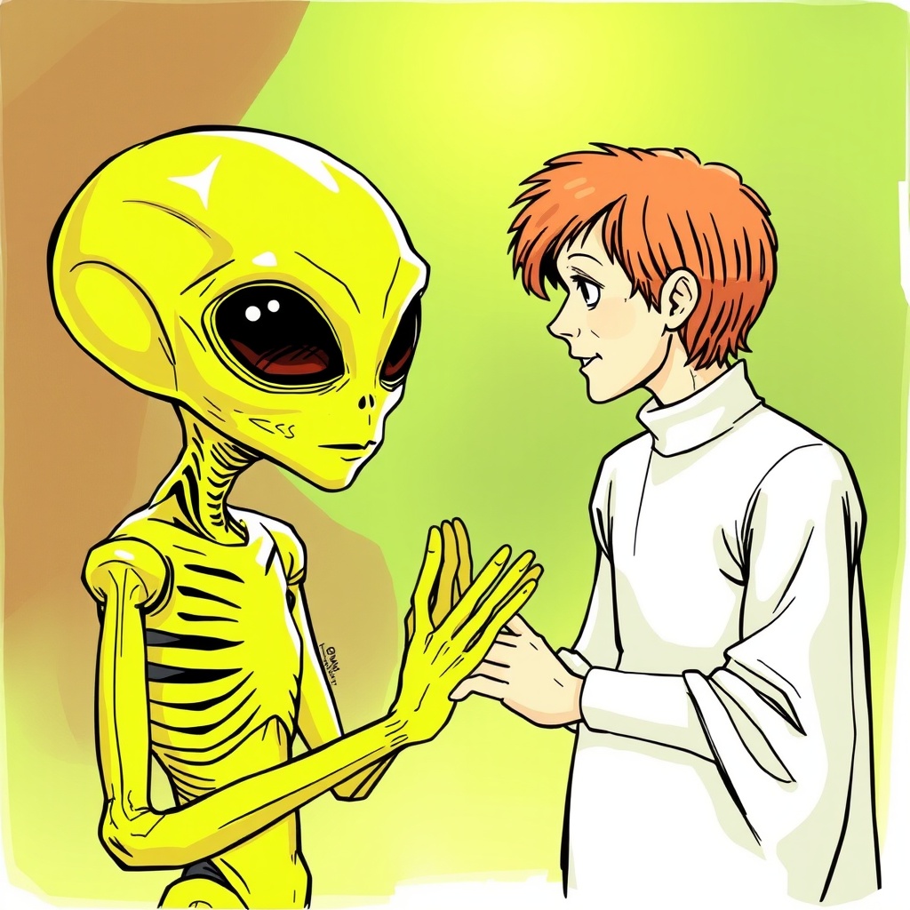 AI generated image by FLUX.1-schnell: An alien greeting a human