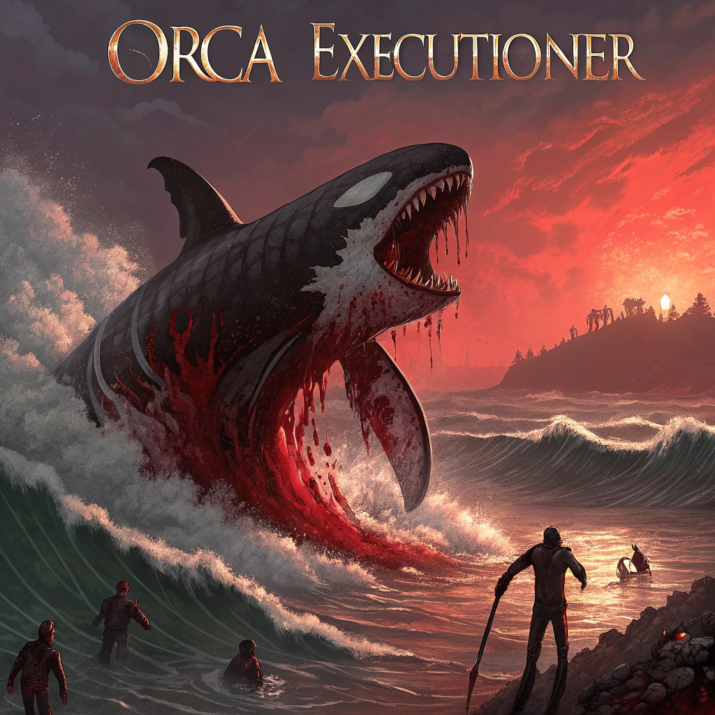 AI generated image by Red Panda AI: An extremely terrifying album cover for a heavy metal song titled 'Orca Executioner.' The scene features a monstrous killer whale (orca) with a feral, blood-stained appearance. Its massive jaws are open wide, revealing razor-sharp teeth dripping with fresh blood. The ocean is an eerie, blood- red hue, with mist and waves swirling in shades of crimson and black. The orca's glowing red eyes radiate fury as it hunts shadowy, sinful human figures who appear cursed or guilty. The environment is apocalyptic, with chains rising from the depths, glowing embers scattered across the blood- colored sea, and lightning illuminating the chaos. The artwork is gritty, high- contrast, and intensely detailed, perfectly matching the brutal heavy metal theme."