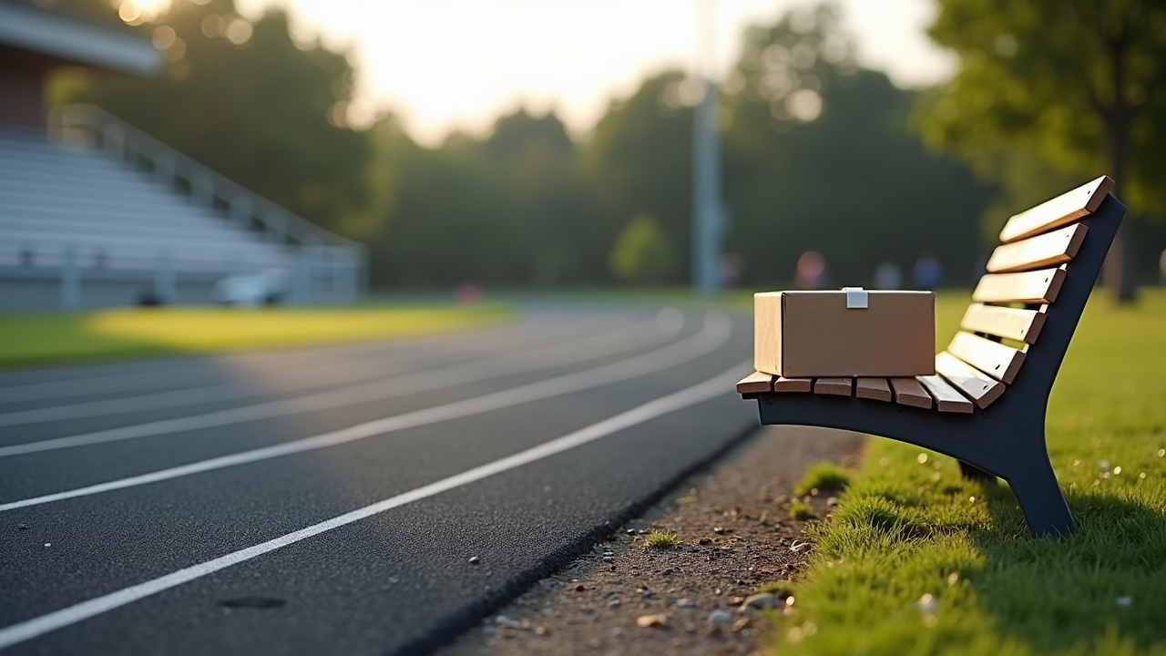 AI generated image by FLUX.1-pro: A realistic photograph of a small box sitting on an angled metal bench with a running track in the background. The bench with the box should take up the lower right corner of the composition, and sit off to the side of the track in short grass, gravel or another unobtrusive outdoor surface. The track and scenery takes up the upper left two thirds of the composition. The track itself should take up as much of the background as possible while still looking realistic in perspective. The running track is made of black rubber turf with white stripes, and the curved part of the track is what is visible to the camera. The photo should include sky and trees off in the far distance with lens blur, while the box and the bench should be in full focus. 