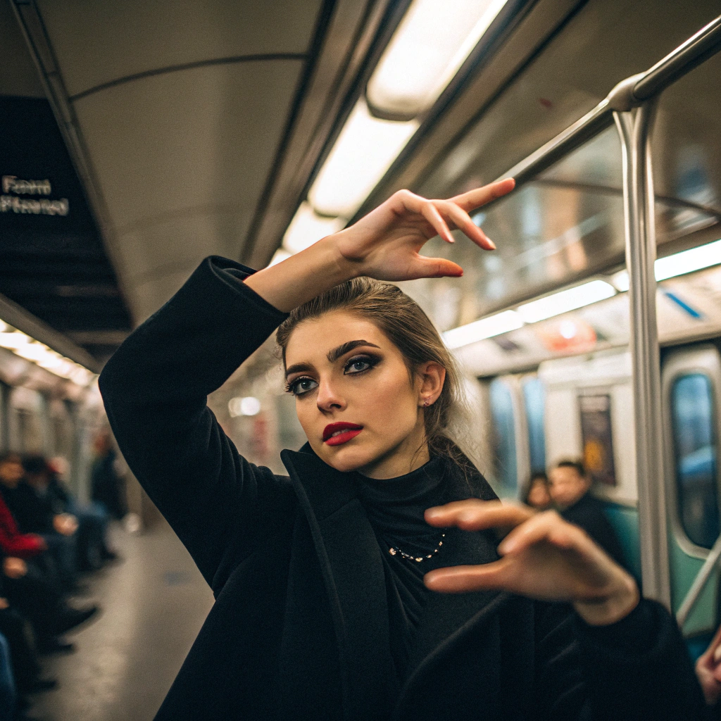AI generated image by Red Panda AI: The woman wearing makeup on the subway,
Hands pose like you're holding something
