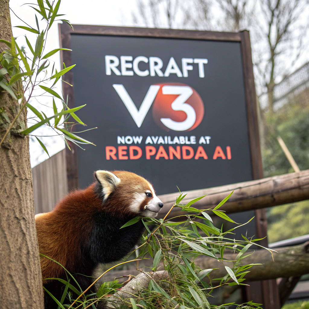 AI generated image by Red Panda AI: a red panda eating a bamboo in front of a poster that says "recraft V3 now available at red panda ai