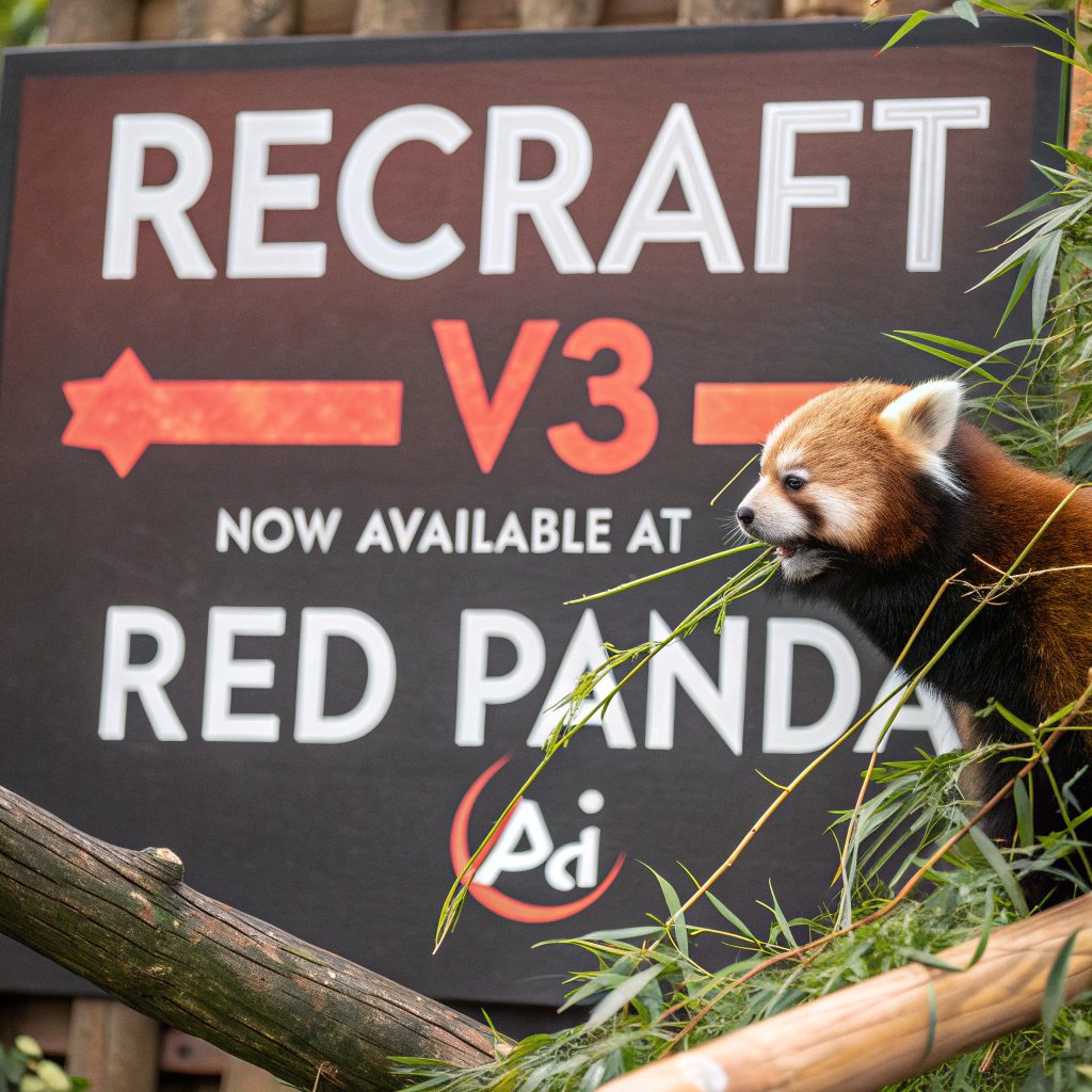 AI generated image by Red Panda AI: a red panda eating a bamboo in front of a poster that says "recraft V3 now available at red panda ai
