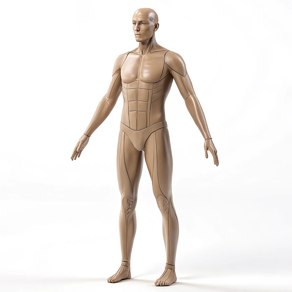 AI generated image by Red Panda AI: Create a front-facing, standing full-body 3D model of a human figure. The figure should resemble a mannequin made of silicone or smooth plastic, with no visible genitalia, facial features, or anatomical details like muscles or veins. The body should have realistic proportions and subtle volume in the arms, legs, chest, and torso to reflect a natural human silhouette. The figure must appear neutral and non-sexual, like a medical training dummy or an artist's reference model. Background should be plain white, and lighting should be soft and even. The pose must be symmetric, with arms relaxed at the sides and legs slightly apart.