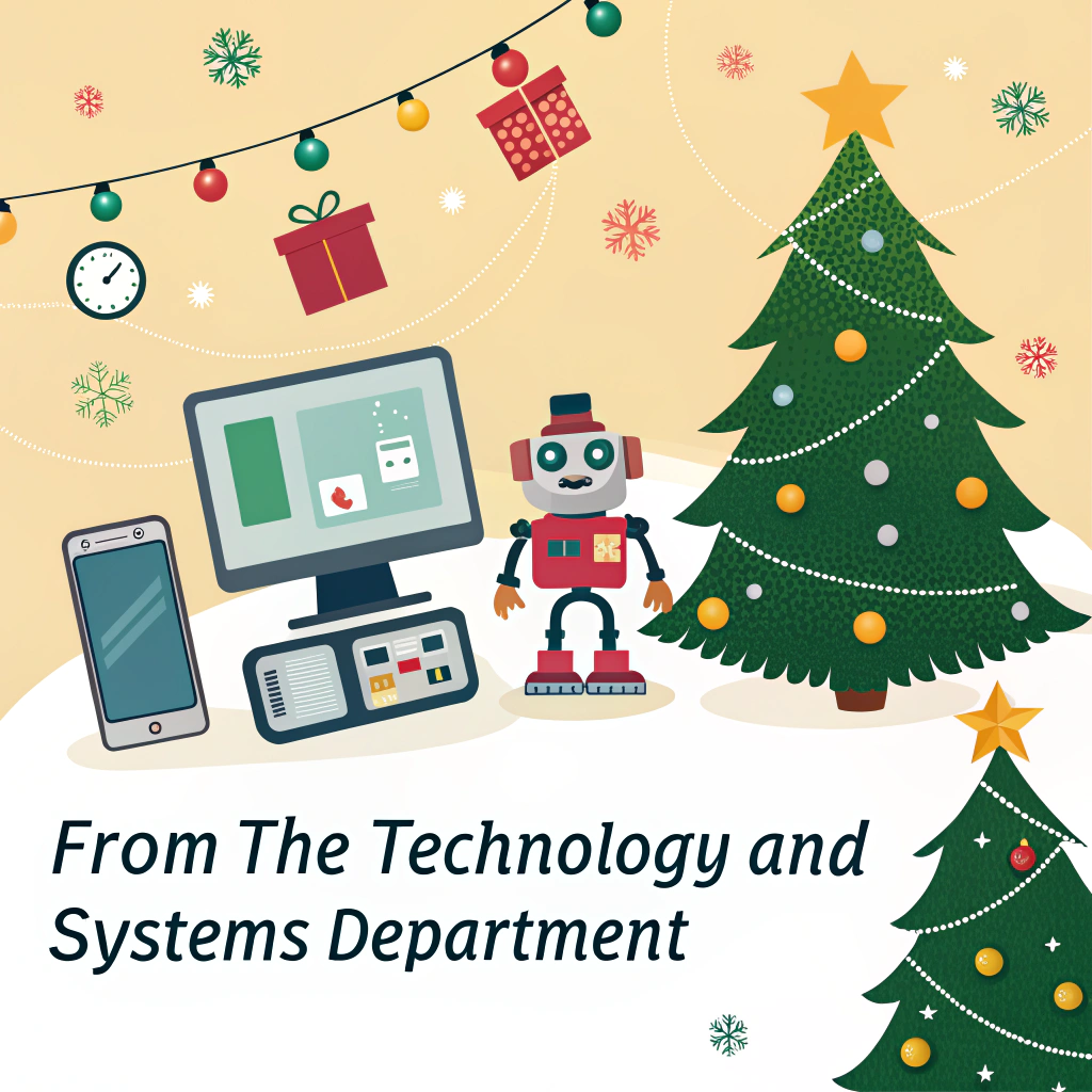 AI generated image by Red Panda AI: Crea una imagen de feliz navidad , que esta contenga imagenes de tecnologia y que al final diga de parte del departamento de tecnologia y sistemas