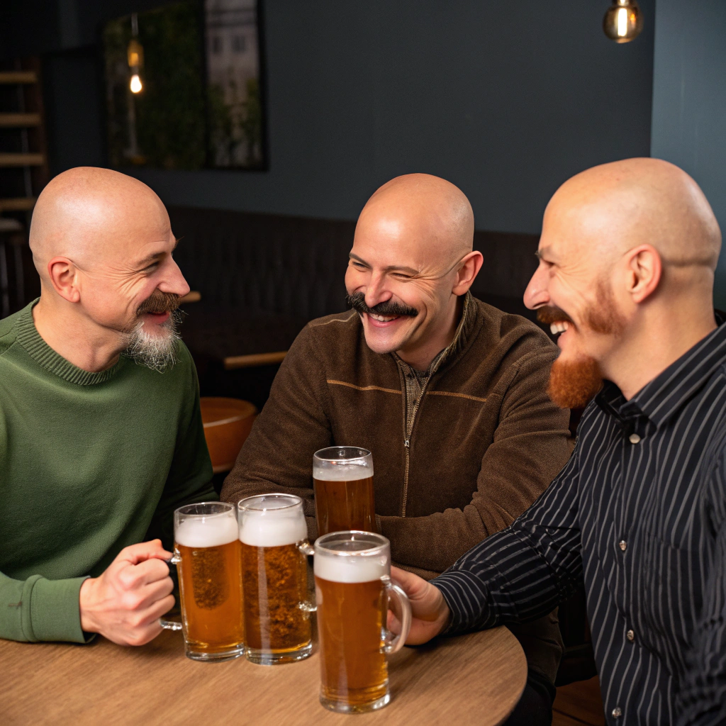 AI generated image by Red Panda AI: Grupo de amigos calvos con bigote bebiendo jarras de cerveza
