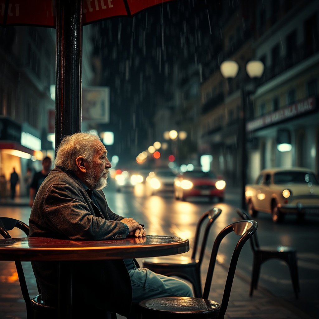 AI generated image by FLUX.1-schnell: Editorial photo of an old man sitting at a street side Café in Havana, nighttime, light drizzle, dramatic lighting