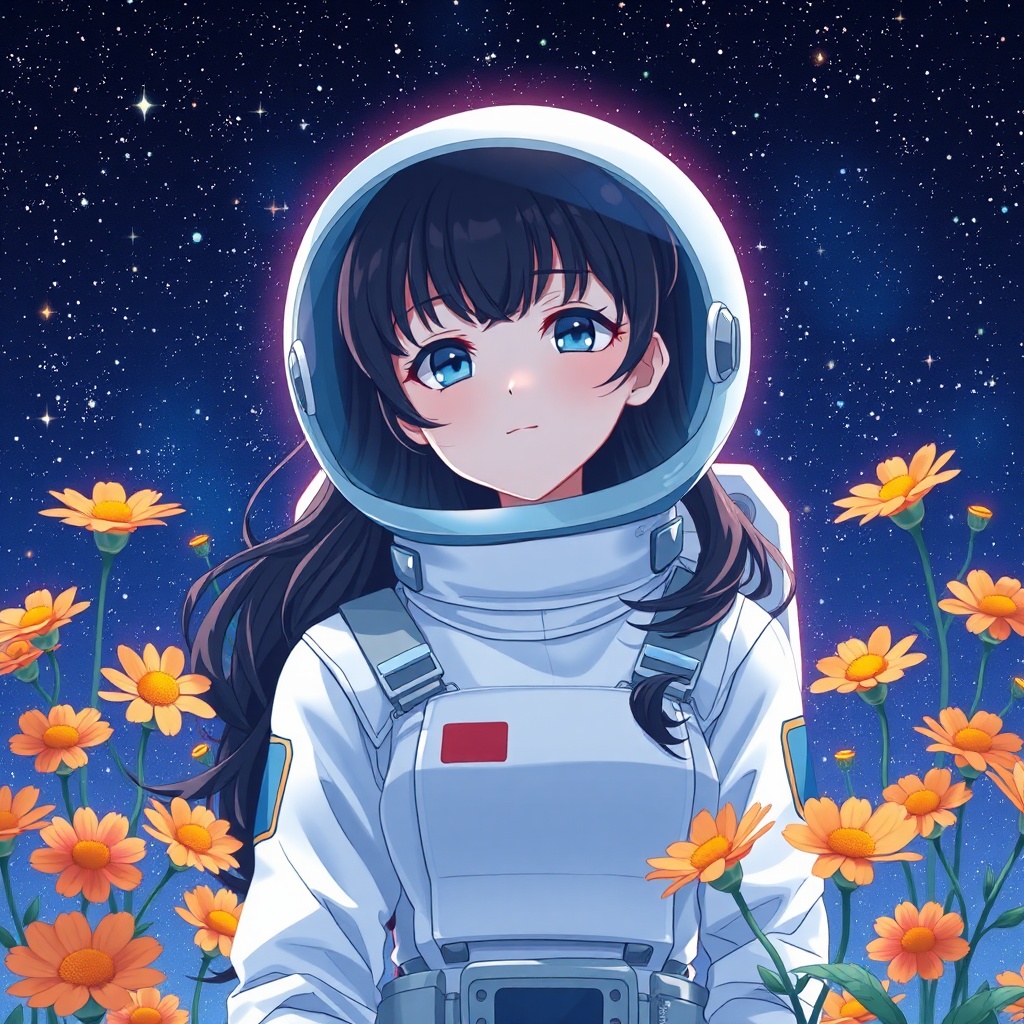AI generated image by FLUX.1-schnell: a captivating anime-style illustration of a woman in a white astronaut suit. She has long, dark wavy hair. Surrounding the astronaut are vibrant orange flowers with yellow centers. The background itself is a mesmerizing night sky filled with countless stars