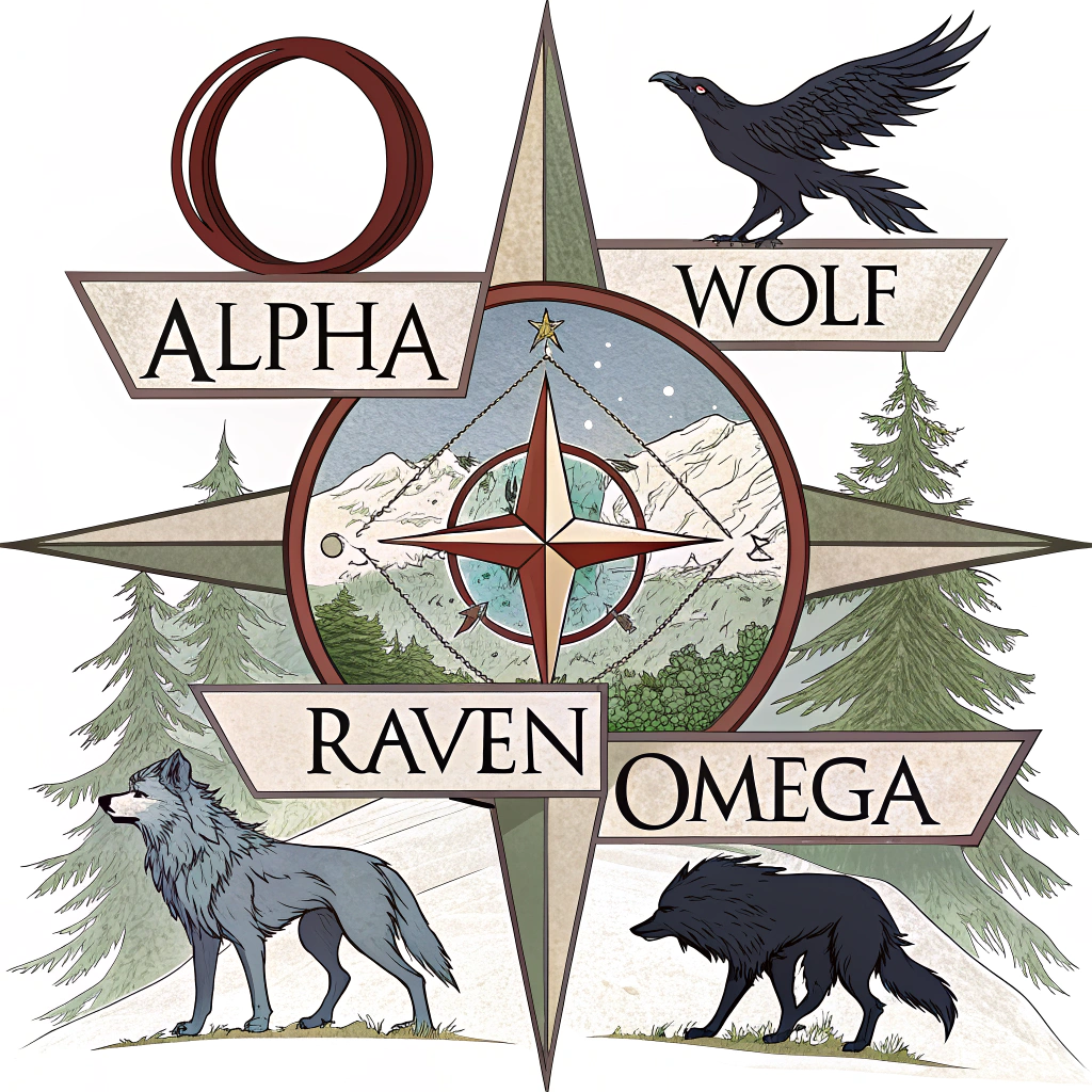 AI generated image by Red Panda AI: Créer une image représentant un armorial sous une forme de boussole diviser en 4 parties, exposant en haut a gauche le symbole alpha en gros, en bas a gauche un loup, en haut a droite un corbeau et en bas a droite le symbole Omega en gros