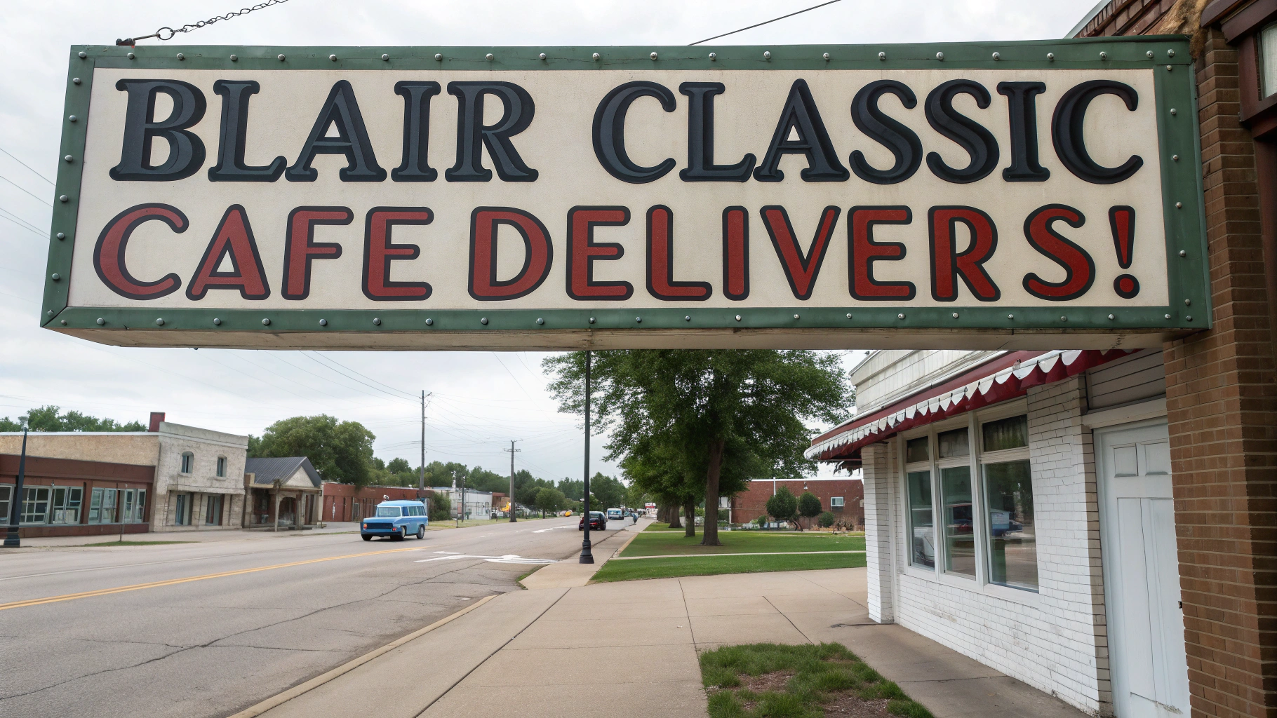 AI generated image by Red Panda AI: "Blair Classic Cafe Delivers!" Sign reads in Blair, Nebraska
