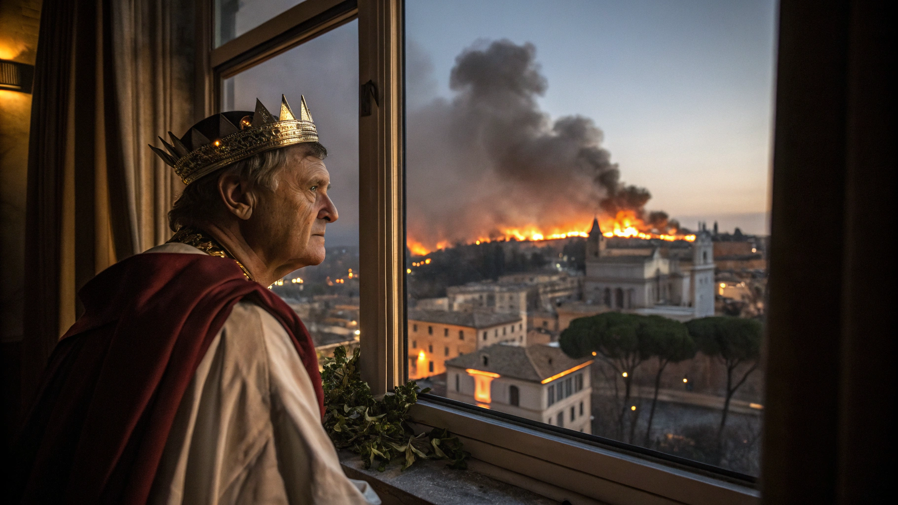 AI generated image by Red Panda AI: Romam emperor with his civic crown looking for the window of your room while Roma is Burning in fire