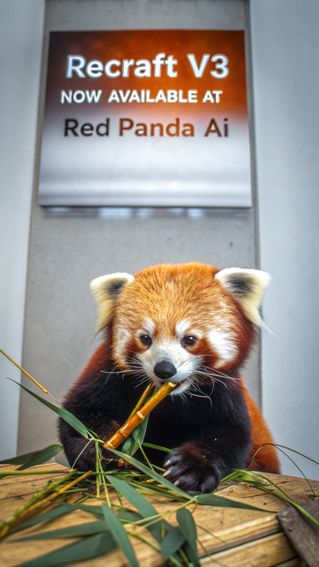 AI generated image by Red Panda AI: a red panda eating a bamboo in front of a poster that says "recraft V3 now available at red panda ai