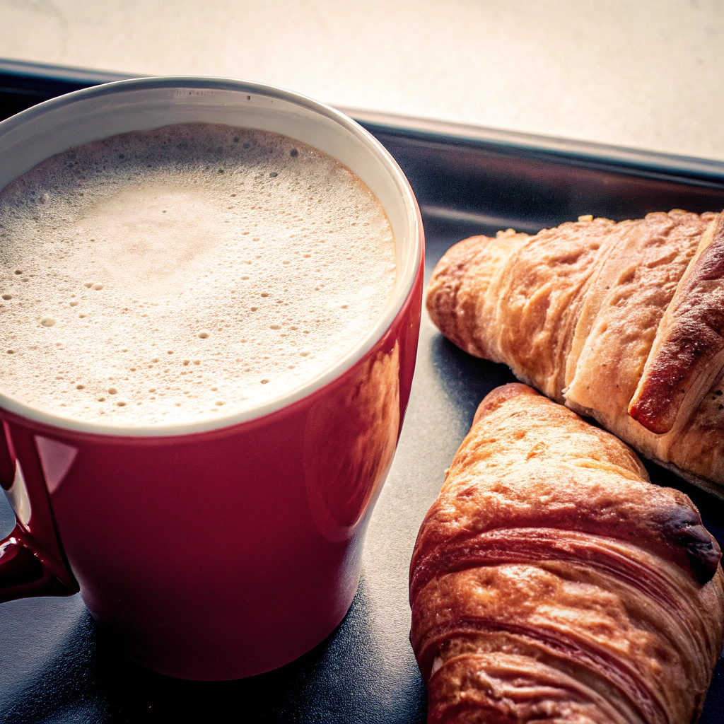 AI generated image by Red Panda AI: Taza de café con leche con dos croissant.