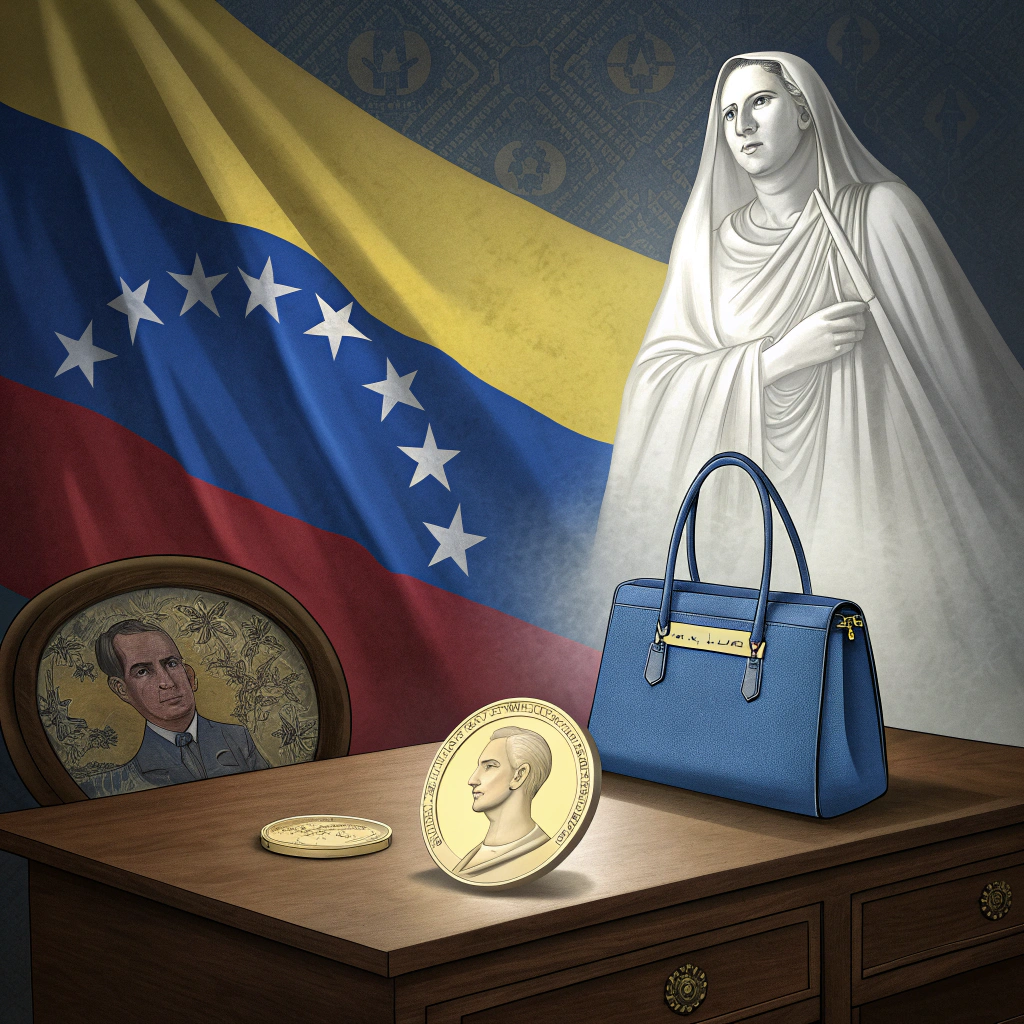 AI generated image by Red Panda AI: una mesa con la medalla del premio nobel de la paz y un bolso de mujer azul con un fondo de la bandera de venezuela y el fantasma del santo Jose Gregorio Hernandez