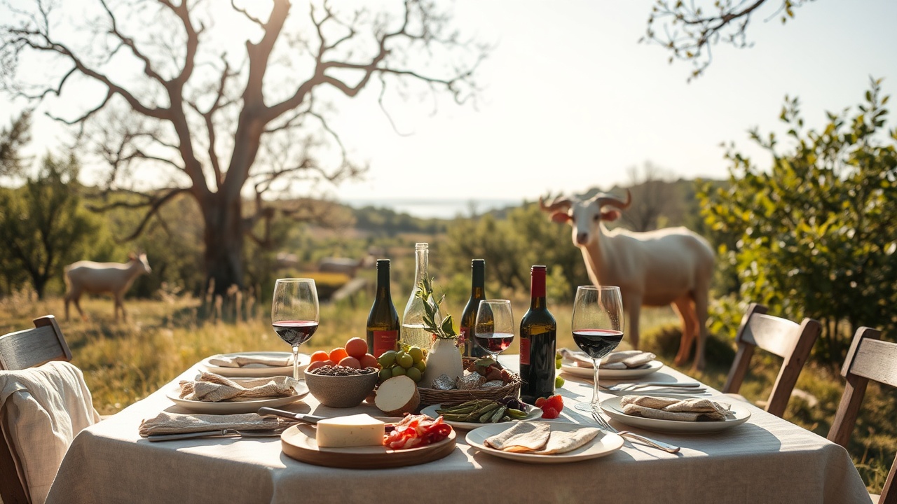 AI generated image by FLUX.1-schnell: crée moi une image d'une table de déjeuner champêtre au milieu de la nature, avec des arbres et du gazon dans le décors.
La table est couverte de couverts et de plats avec de la charcuterie, du fromage, du vin.
Aucun humain ne doit être présent sur l'image.
La météo est ensoleillée et radieuse.
Enlève les animaux.
Mets plus de charcuterie, de fromage et de vin.