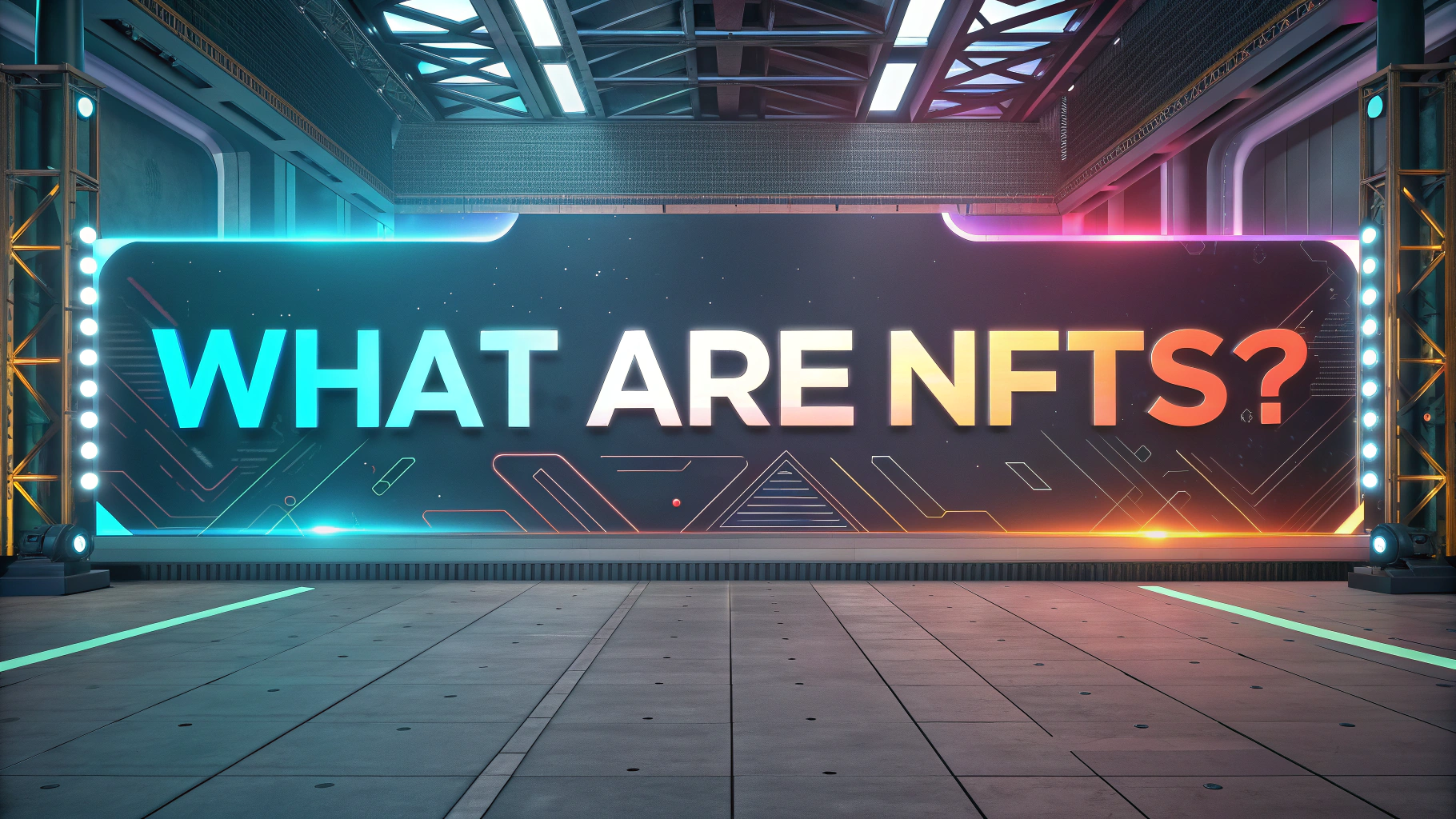 AI generated image by Red Panda AI: Futuristic banner for a blogpost, with hi-technology sense colors and art sense background, in a tech article style. Big title "What Are NFTs?"