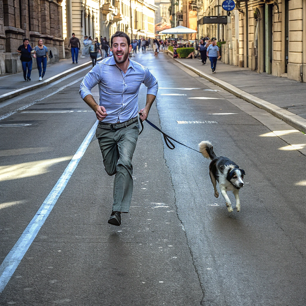 AI generated image by Red Panda AI: i would like to see a man chasing a dog down the street with the dogs leash trailing behind the dog
