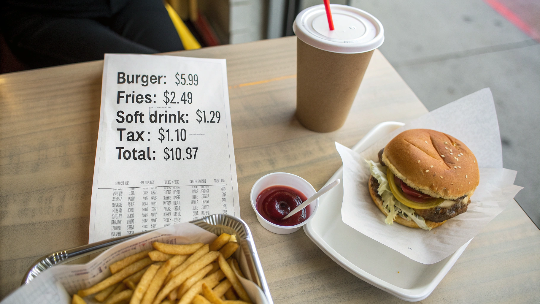 AI generated image by Red Panda AI: "A fast food restaurant table scene viewed from above. On the left side of the table, there is a burger and fries neatly arranged. On the right side, a clear bill is placed, showing an itemized cost list with the following details:
Burger: $5.99
Fries: $2.49
Soft Drink: $1.29
Tax: $1.10
Total: $10.87
The bill occupies about 30% of the image, with the food taking up the other 70%. The focus is sharp on both the food and the bill, with no background blur, ensuring all details, including the total price, are clearly visible."