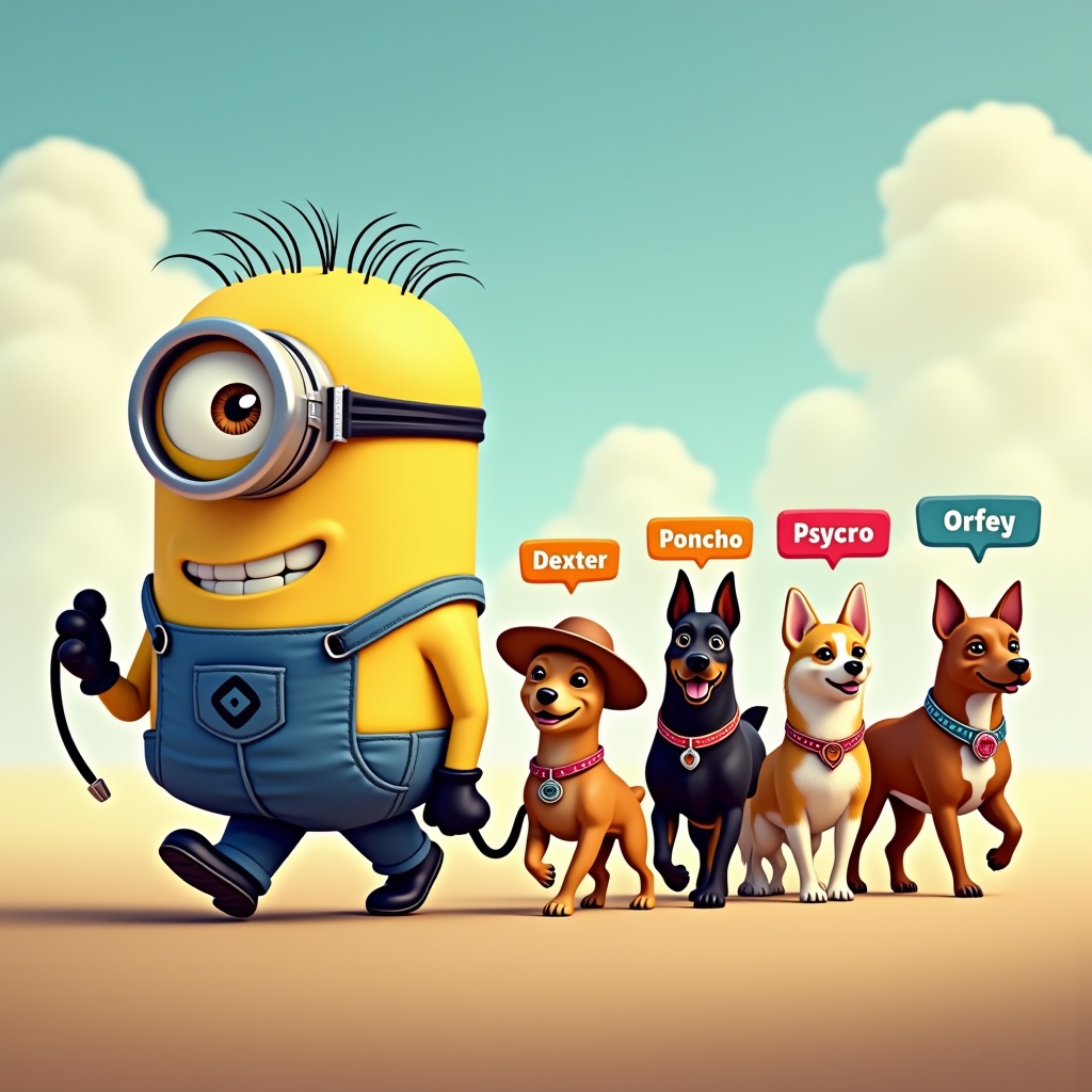 AI generated image by FLUX.1: "A bright yellow Minion with one large expressive eye and a big goofy grin is walking proudly, holding five separate chrome-plated leashes — one in each fingered hand — with five dogs walking in a line behind him. Each dog has a colorful name tag floating above its head: leading the pack is D3xter, a sleek black Doberman Pinscher with a spiked collar; next is Poncho, a fluffy golden-haired Chihuahua wearing a sombrero; then comes Psycho, a muscular and menacing Bull Terrier with a studded collar; followed by Orfey, a graceful Afghan Hound wearing a sparkling tiara; and at the end is JohnBrzenk, a playful short-haired Beagle with a superhero cape. All dogs are full of energy and personality. The Minion beams with pride as if commanding his own elite crew. The scene is cartoonish, bold, and cheerful, set against a warm sunny sky with soft white clouds."