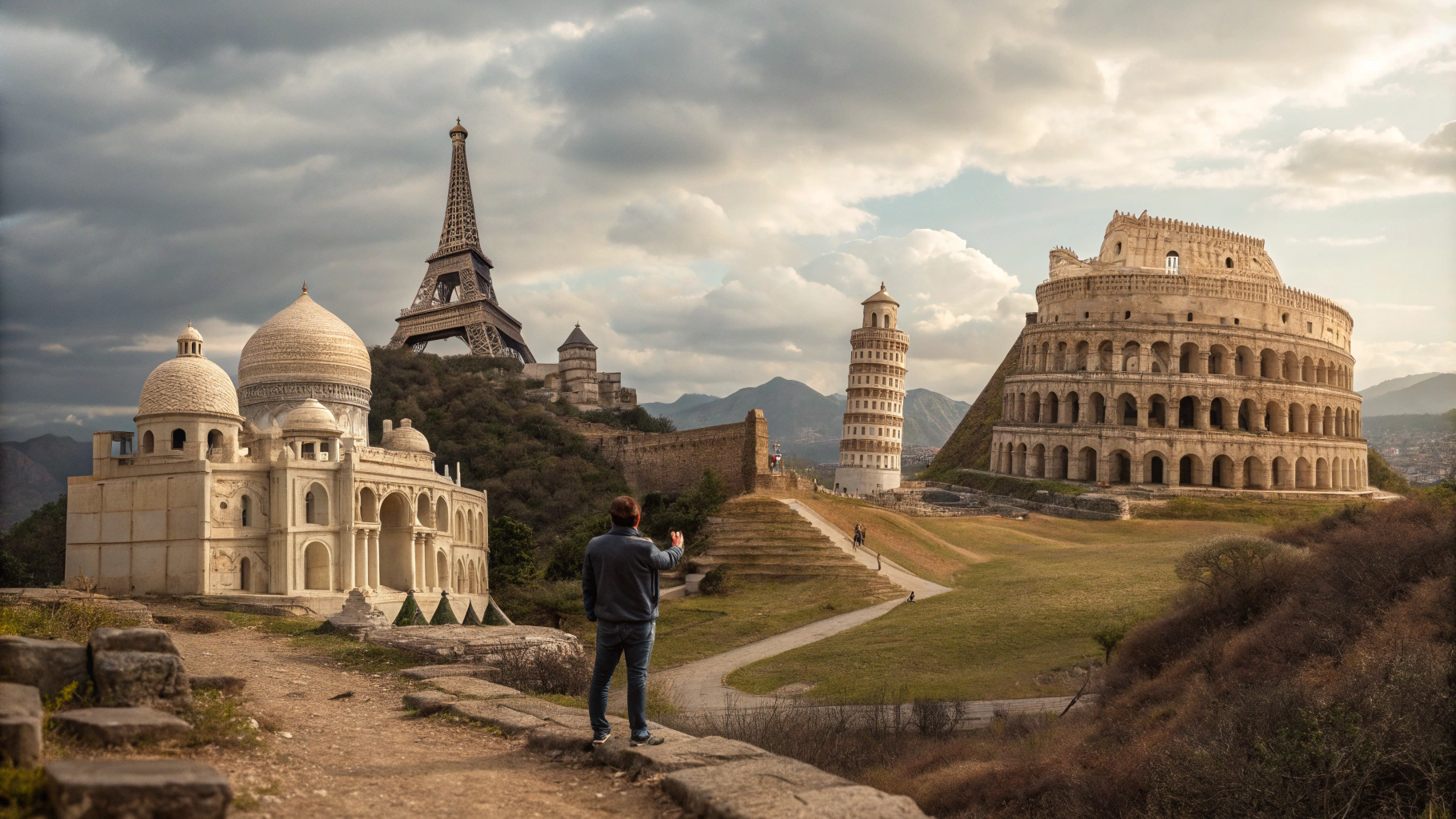 AI generated image by Red Panda AI: Quiero hacer una miniatura realista basada en las maravillas del mundo creame la imagen de las 7 maravillas del mundo atras con un paisaje y divididas pór la mitad y yo cayendo del cielo hacia ellas
