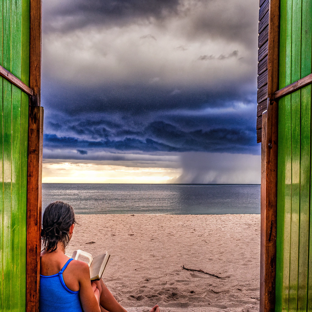 AI generated image by Red Panda AI: A woman reading a book alone on the beach, the weather before a storm, a wide angle view from the sea to the beach. a very realistic image.