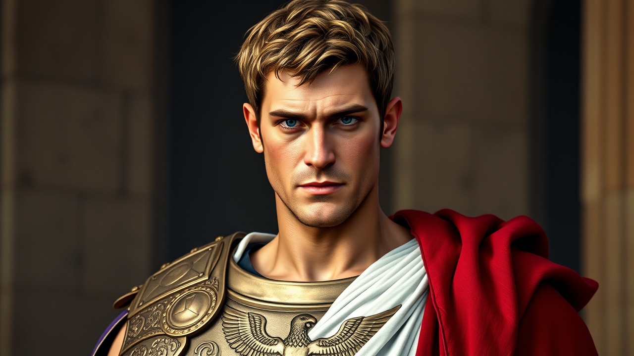 AI generated image by FLUX.1-schnell: Octavian, Roman Emperor, 33 years old, Height: 1.70 m, Build: Slim but athletic, with a rigid and dominant posture. Square and strong jaw, with a cold and impenetrable expression, Small and calculating blue eyes, with a gaze that pierces anyone who challenges him, straight nose and thin eyebrows, giving him an air of superiority, light skin, but tanned by the sun and battles, dark blond hair, short and perfectly combed, with controlled curls, wears a white toga with purple edges, denoting his rank as a Roman general, leather and bronze breastplate in war scenes, with engravings of eagles and Roman gods, red cape, symbol of military command, . Photography, imax