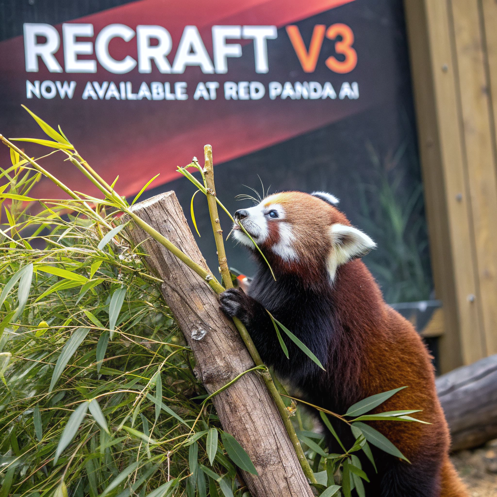 AI generated image by Red Panda AI: a red panda eating a bamboo in front of a poster that says "recraft V3 now available at red panda ai