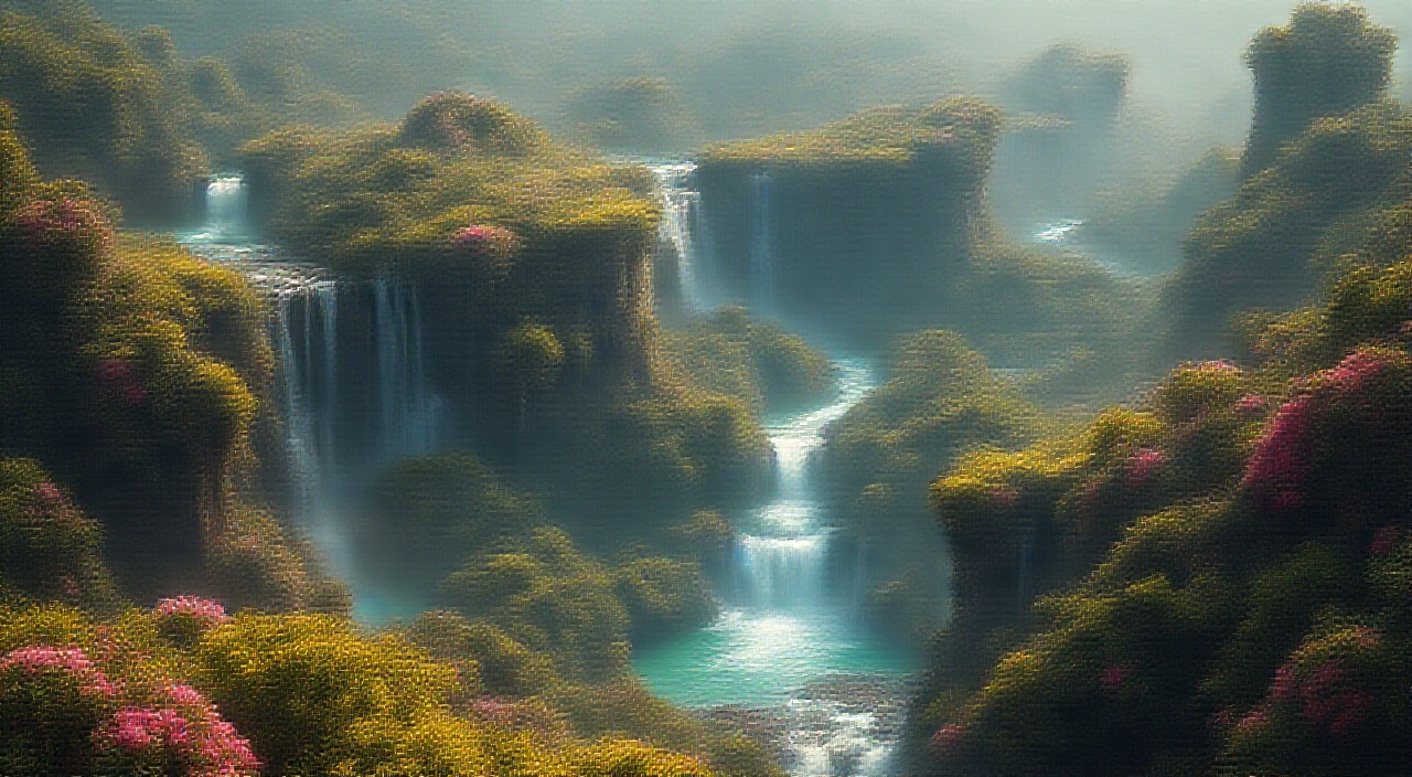 AI generated image by FLUX.1-pro: a wonderful alien landscape on an other planet,with waterfalls and lush greeneries and beautiful flowering bushes,and threes,in a bird eye view