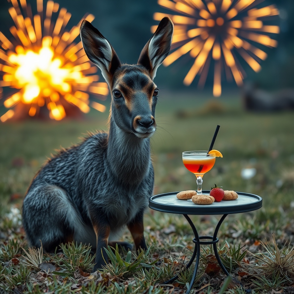 AI generated image by FLUX.1-schnell: Ein Hase mit dunkelgrauem Fell sitzt auf einer Wiese. Daneben steht ein kleiner Tisch gedeckt mit einem Cocktail und Knabbersachen. Im Hintergrund explodiert ein Feuerwerk. Deshalb schaut das Kaninchen ängstlich in die Kamera