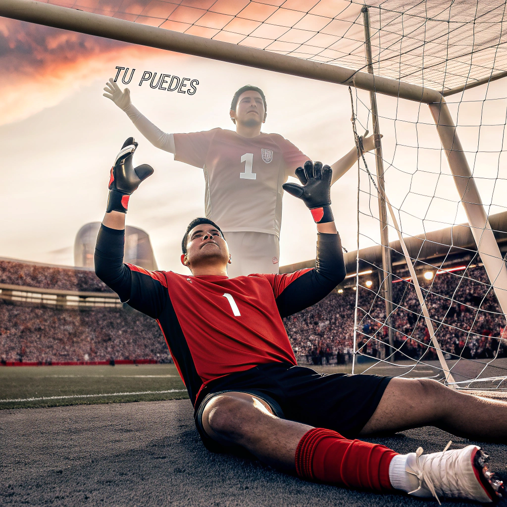 AI generated image by Red Panda AI: un portero de fútbol vestido con la equipación de portero y el número 1 en su camiseta y pantalón corto, abatido y situado en su portería de fútbol con el fondo de un estadio de fútbol. el portero está cayendo hacia atrás en su portería pero es sujetado por sus almas que están proyectadas detrás de él y en transparente soportando dicha caída con sus manos. estas almas le hablan: "tu puedes". de fondo el estadio lleno de fans