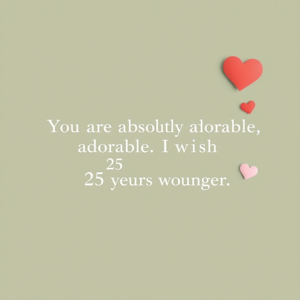 AI generated image by FLUX.1-schnell: Plain background with hearts {{{{You are absolutely adorable. I wish I was 25 years younger}}}}, English text.
soft, romantic font.
