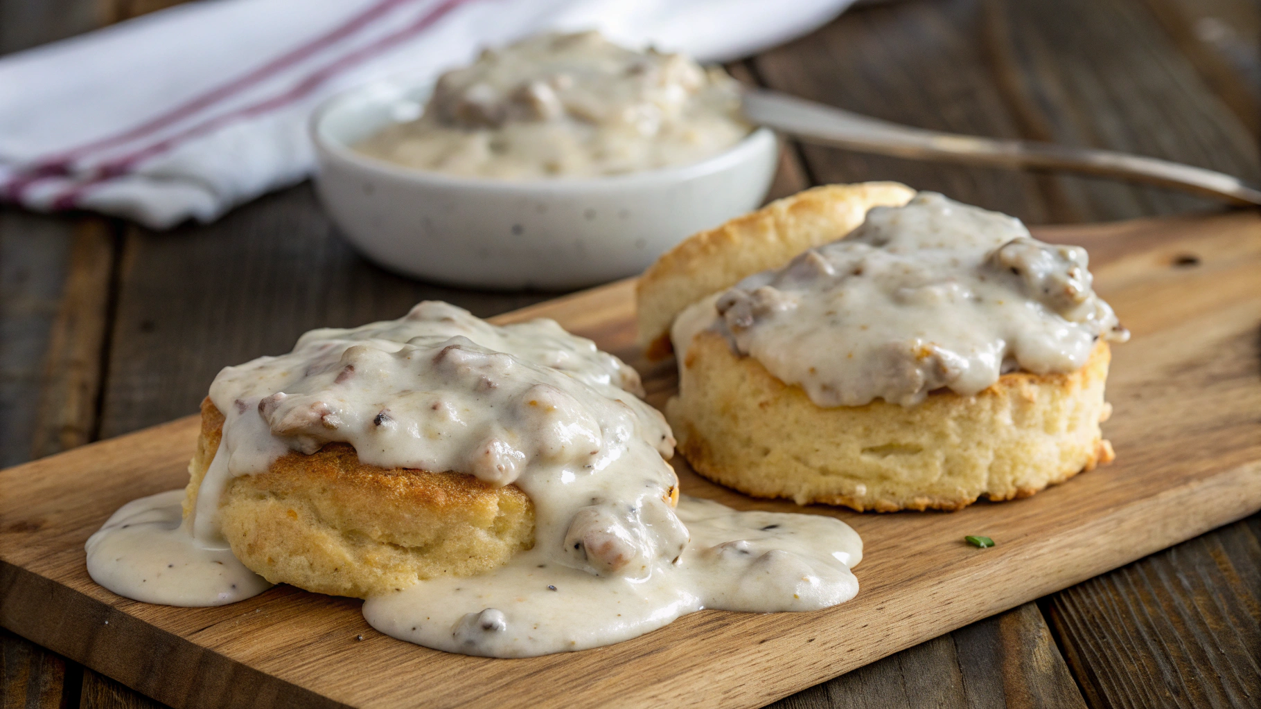 AI generated image by Red Panda AI: two homemade biscuits covered in white sausage gravy