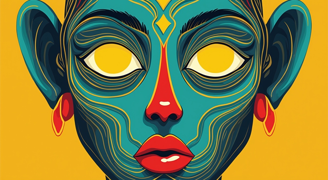 AI generated image by FLUX.1-pro: digital artwork featuring a stylized, abstract face with bold and vibrant colors. The face is composed of intricate, flowing lines that create a sense of depth and texture, giving the image a dynamic and almost hypnotic quality. The color scheme predominantly features bright turquoise for the skin, vivid yellow for the eyes with white highlights, and bold red for the lips and nose.

The eyes are large and round, with a glowing yellow hue that stands out against the turquoise skin, creating a captivating focal point. The nose is depicted as a simple, bold red shape, while the mouth is exaggerated with full, red lips, adding a touch of sensuality or intensity to the expression. The ears are elongated and stylized, contributing to the overall abstract nature of the face.

The design is symmetrical, emphasizing balance and harmony in the composition. Geometric shapes, such as diamonds and circles, are incorporated to add structure and visual interest to the design. The use of bold colors and abstract forms suggests influences from modern art movements, such as Art Deco or Pop Art.

This image evokes themes of mystery and intrigue, inviting viewers to interpret the emotion or story behind the face. Symbolically, it explores the complexity and depth of human emotions, as well as the fluidity and complexity of identity and individuality.