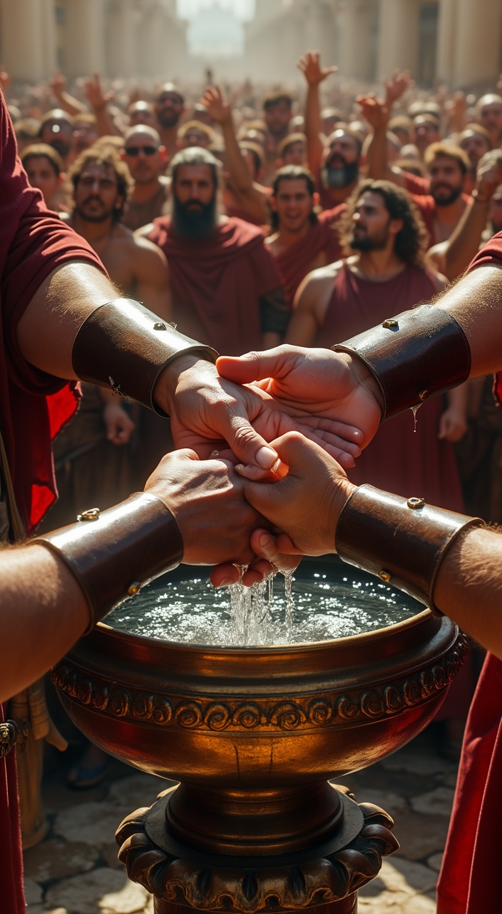 AI generated image by FLUX.1-pro: A first-person perspective of **Pontius Pilate washing his hands** in a **large, ornate bronze basin**, held firmly by two **Roman soldiers** in front of him. His **wet hands**, trembling slightly, submerge into the **cool water**, creating ripples as droplets slide down his **golden rings**. The **soldiers’ strong hands, clad in leather bracers**, grip the basin tightly, their **red tunics and polished armor gleaming under the harsh Jerusalem sun**. Their **stern expressions remain unmoved** as they perform their duty. In the background, the **Jewish crowd erupts in chaos**, shouting, gesturing, and demanding justice, their **faces filled with anger and desperation**. Some raise their fists, while others plead, their voices echoing through