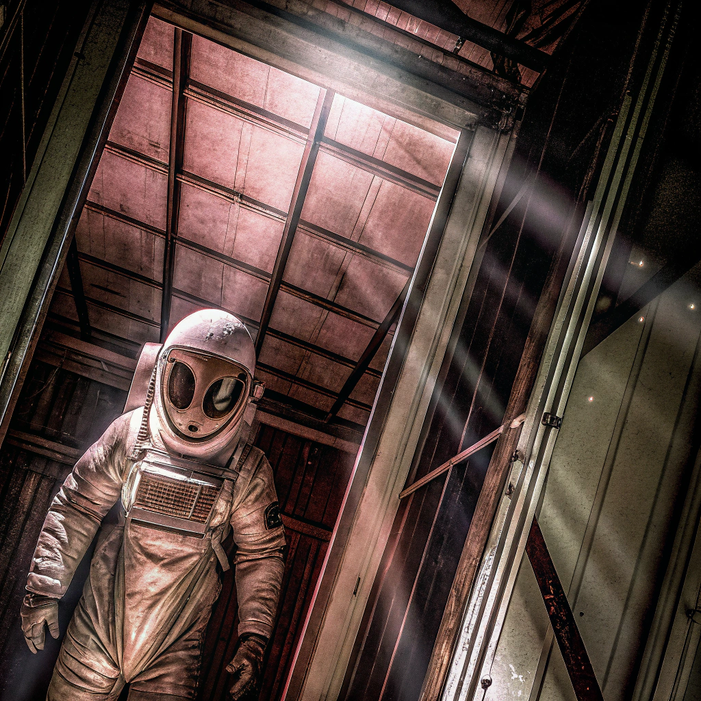 AI generated image by Red Panda AI: pencil drawing:3 alien:1.5 male:1 large oval eyes:1 space suit:1 inside a spaceship:1 spot lit, cinematic, light rays, atmospheric lighting, photorealistic, Zdzisław Beksiński