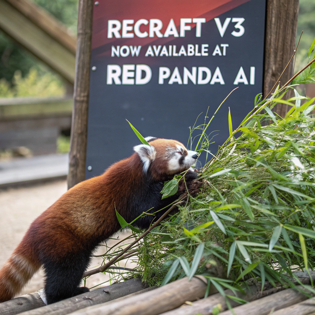AI generated image by Red Panda AI: a red panda eating a bamboo in front of a poster that says "recraft V3 now available at red panda ai