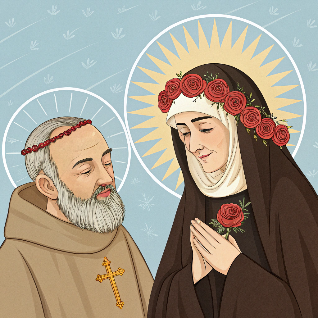 AI generated image by Red Panda AI: Crie uma imagem de padre pio e Santa Rita de Cássia 