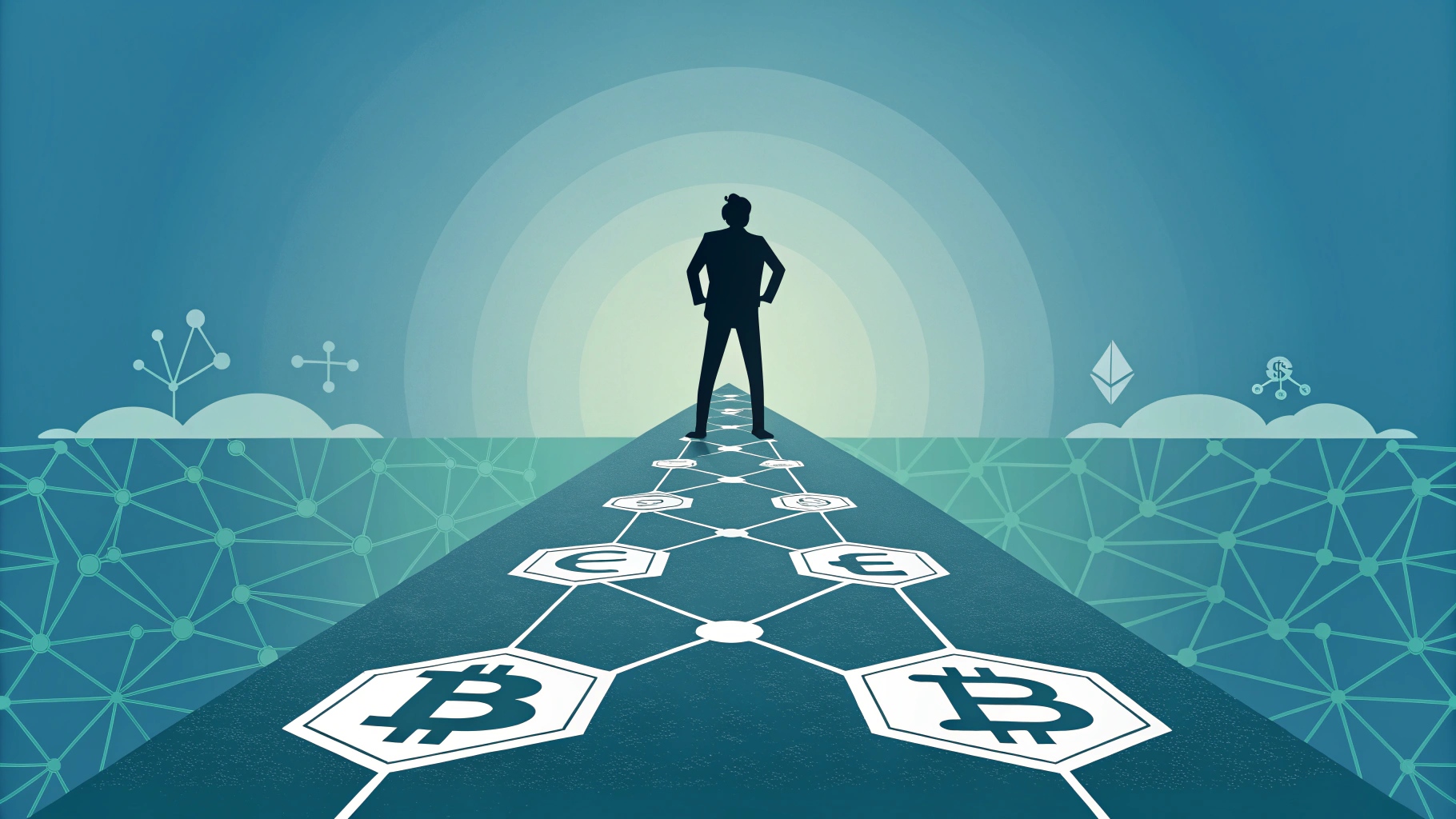 AI generated image by Red Panda AI: Design a minimalist cover image featuring an abstract representation of a business leader in a digital world. Use a silhouette of a person standing confidently on a path made of interconnected cryptocurrency symbols, such as Bitcoin, Ethereum, and others, forming a bridge towards a digital horizon. The background should have a gradient of blues and greens, suggesting growth and innovation. The overall composition should convey the idea of leadership, strategy, and the evolving nature of crypto projects.