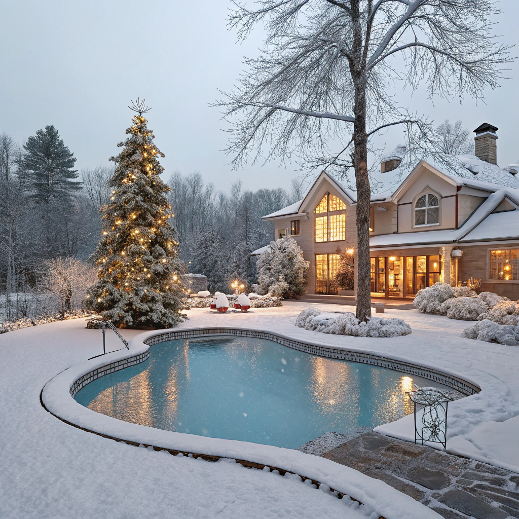 AI generated image by Red Panda AI: paysage enneigé, une piscine de forme libre devant une belle maison,  avec dans le jardin, un sapin de noel décoré
