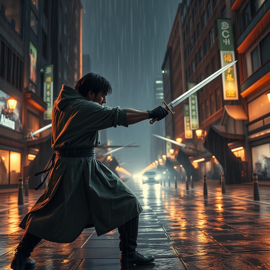 AI generated image by FLUX.1-schnell: Generate an image of a man fighting with 10 swordsman with a belt, in a developed city at night, it's raining there