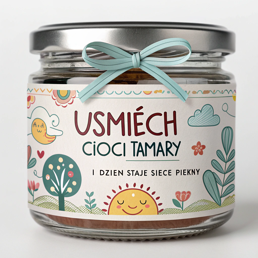 AI generated image by Red Panda AI: Generate an image depicting a product, something like a jar with a label in Polish: "Uśmiech Cioci Tamary" and "I dzień staje się piękny."