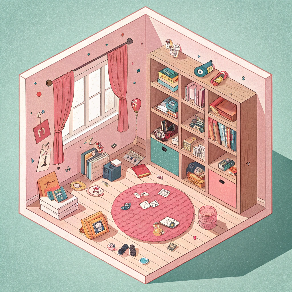 AI generated image by Red Panda AI: Pink isometric cozy cute cube messy room