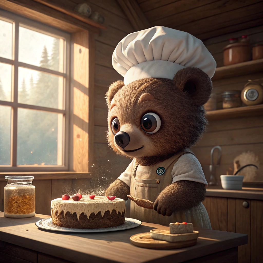 AI generated image by Red Panda AI: 拟人的小熊,眼睛大大的,像迪士尼风格,带着厨师帽子,在厨房做蛋糕,木屋厨房,有个大窗户,有光线照射进来